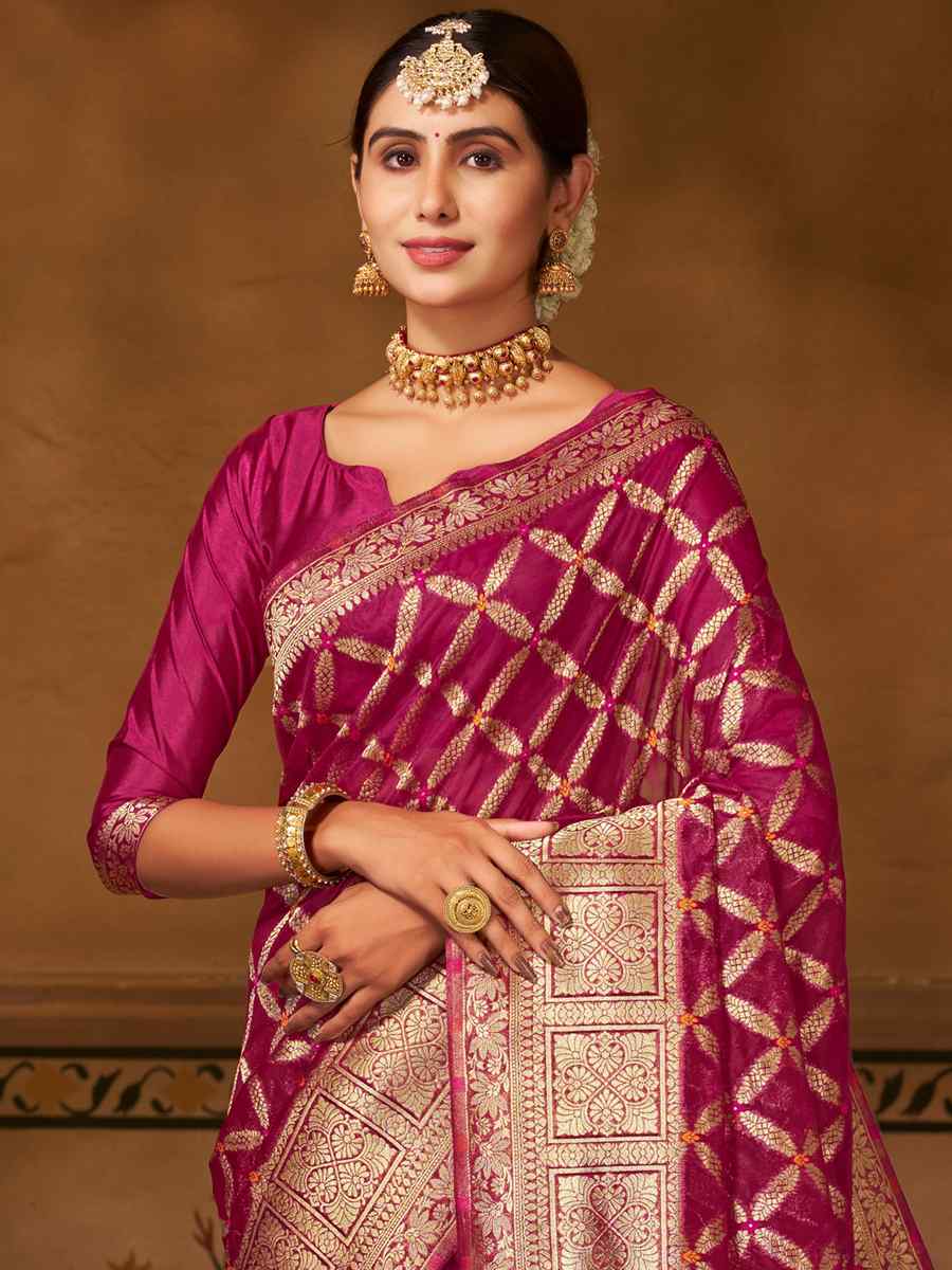 Rani Pink Pure Organza Silk Handwoven Wedding Festival Heavy Border Saree