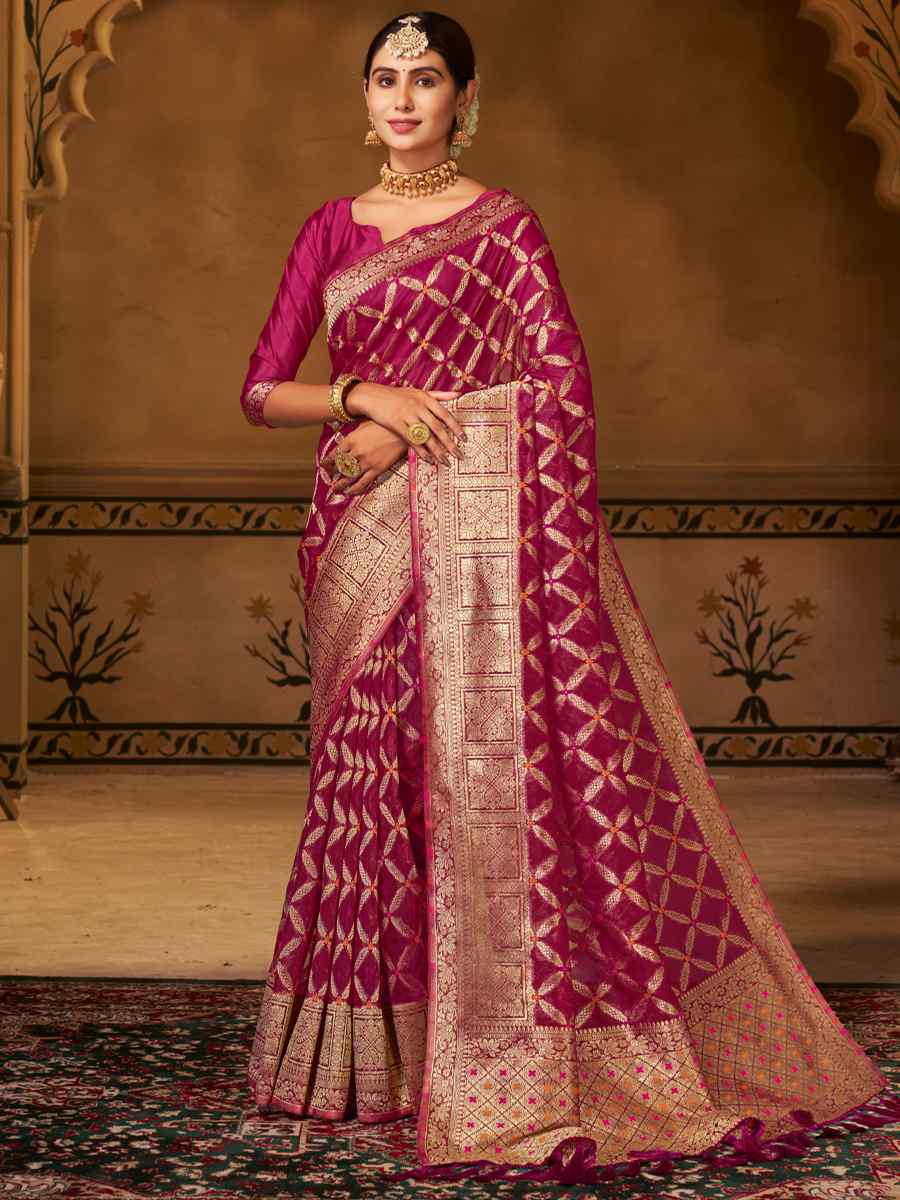 Rani Pink Pure Organza Silk Handwoven Wedding Festival Heavy Border Saree