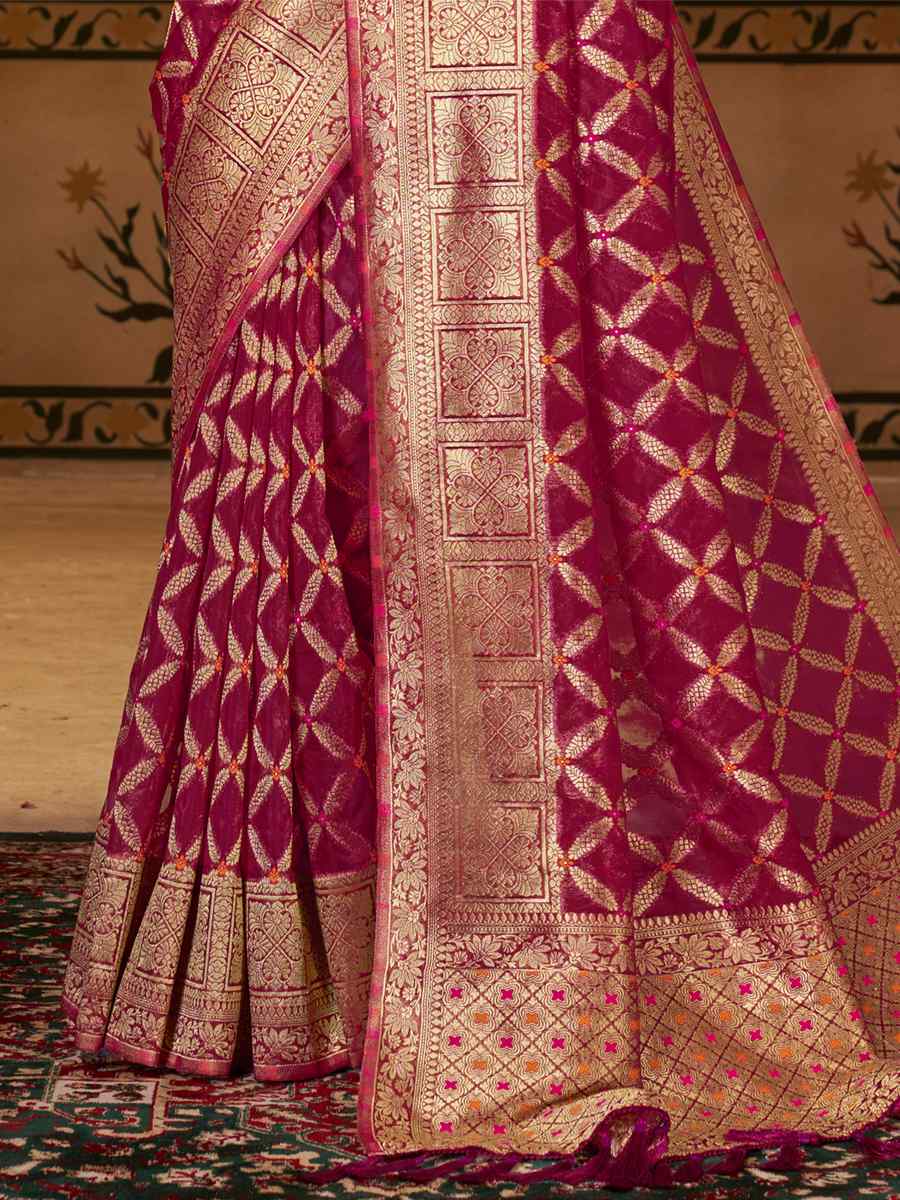 Rani Pink Pure Organza Silk Handwoven Wedding Festival Heavy Border Saree