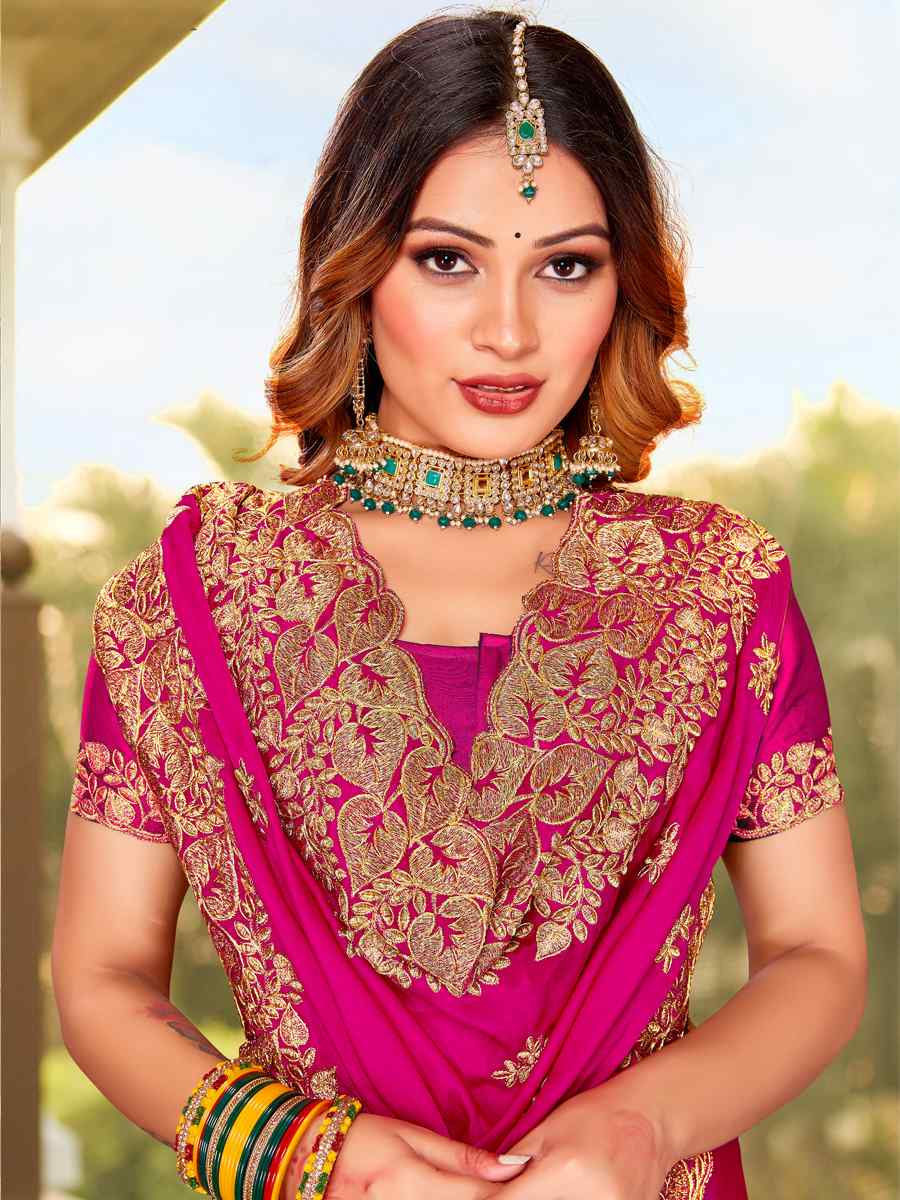 Rani Pink Pure Satin Embroidered Wedding Festival Heavy Border Saree