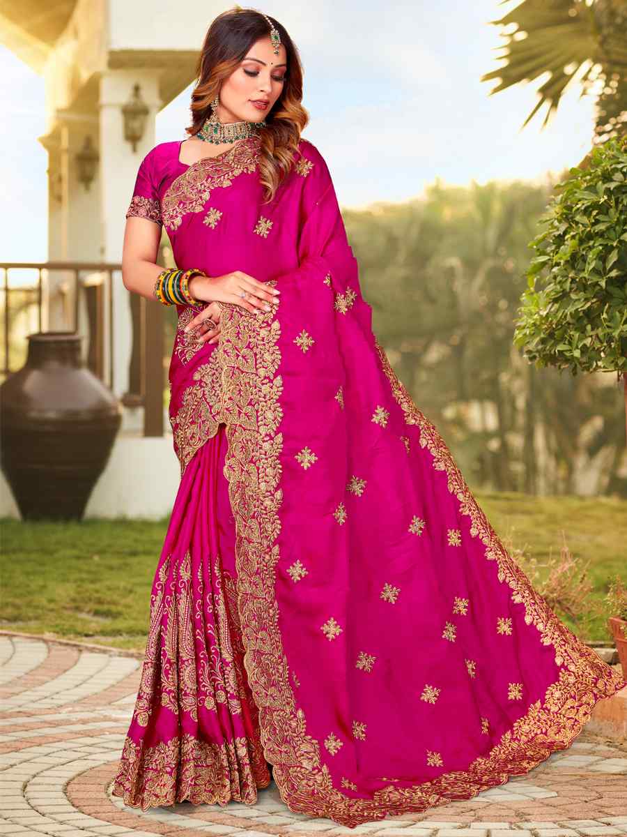 Rani Pink Pure Satin Embroidered Wedding Festival Heavy Border Saree