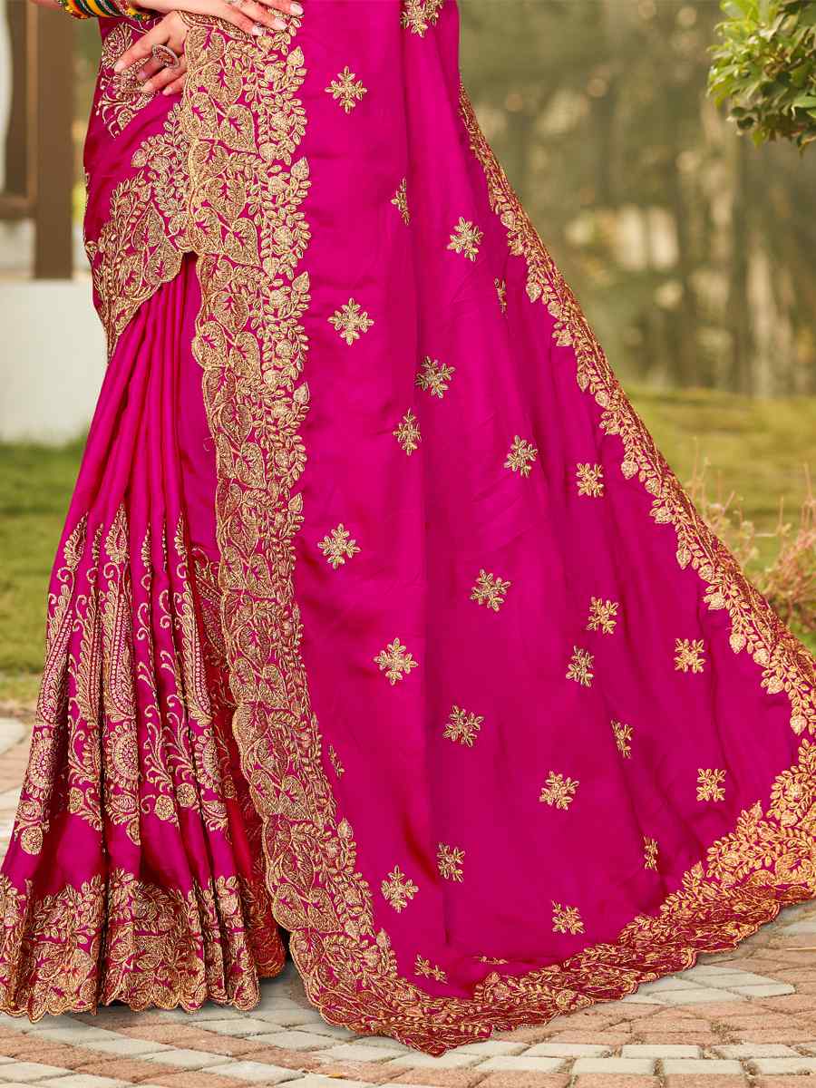 Rani Pink Pure Satin Embroidered Wedding Festival Heavy Border Saree
