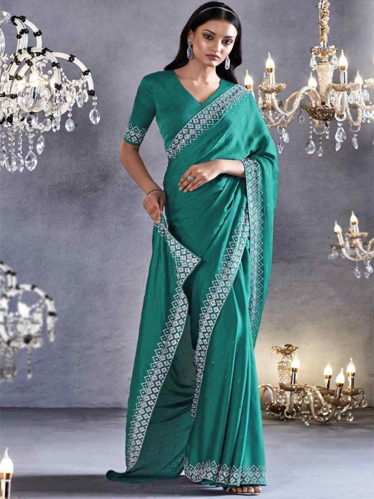 Rani Pink Pure Satin Silk Embroidered Wedding Party Heavy Border Saree