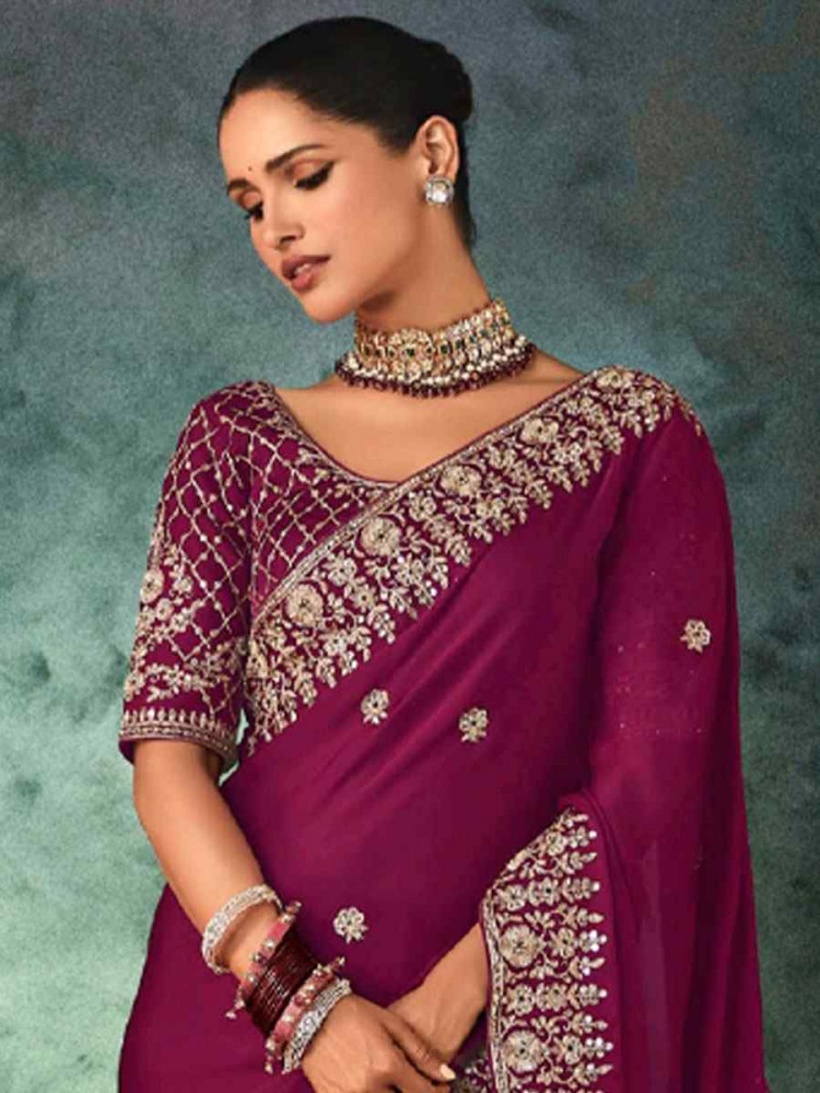 Image of Rani Pink Pure Silk Embroidery Bridal Reception Festival Wedding Fancy Classic Heavy Border Saree