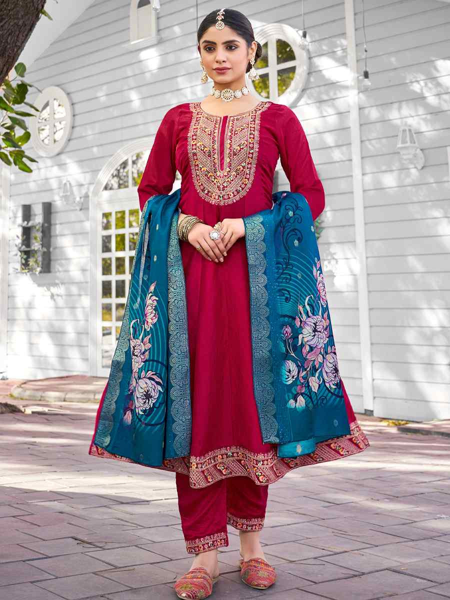 Rani Pink Pure Viscose Vichitra Silk Embroidered Festival Casual Anarkali Ready Salwar Kameez