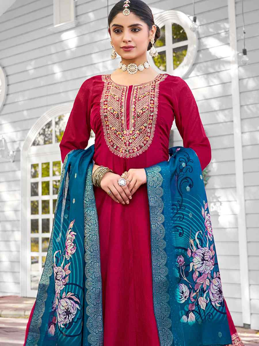 Rani Pink Pure Viscose Vichitra Silk Embroidered Festival Casual Anarkali Ready Salwar Kameez