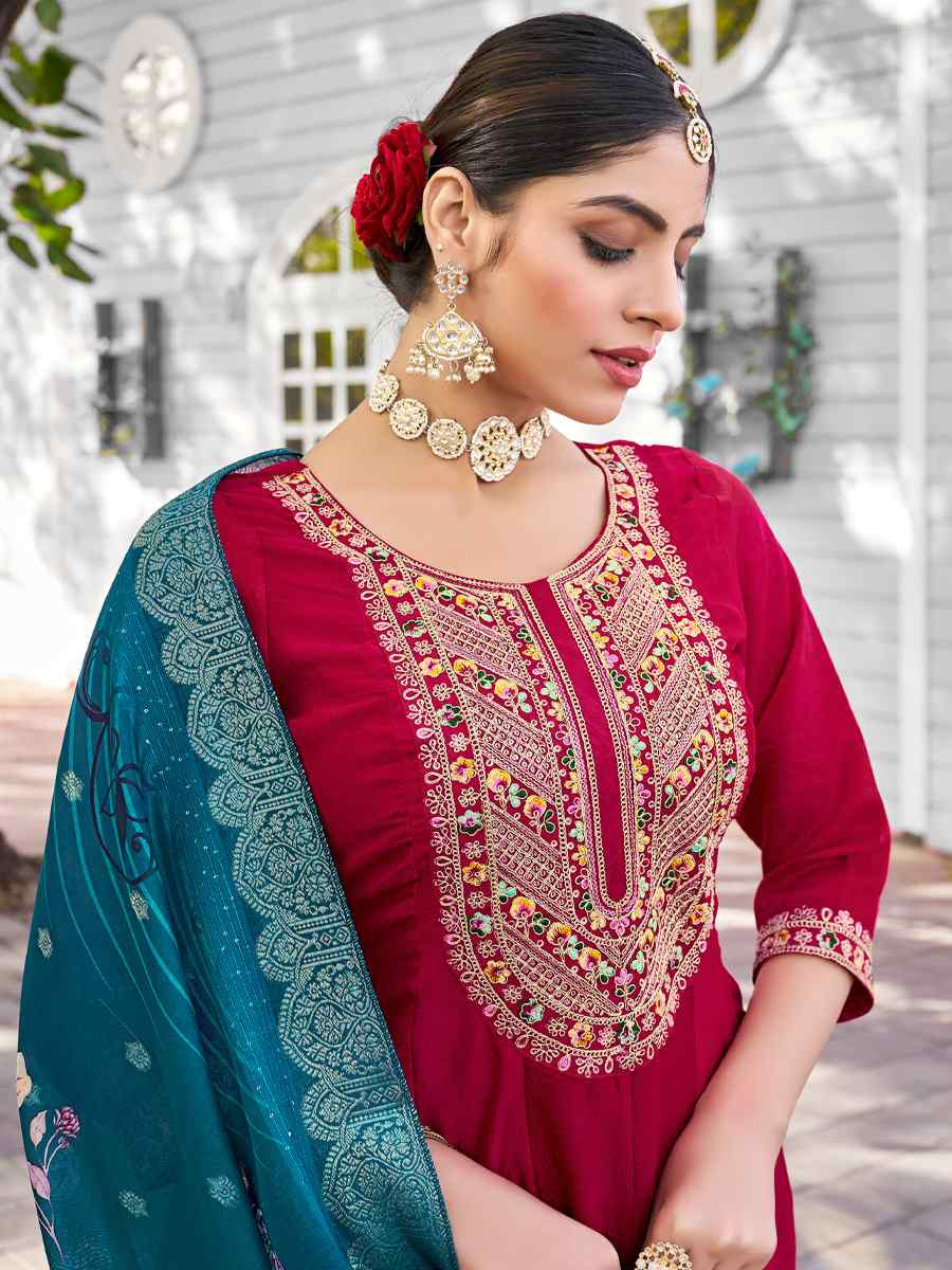 Rani Pink Pure Viscose Vichitra Silk Embroidered Festival Casual Anarkali Ready Salwar Kameez