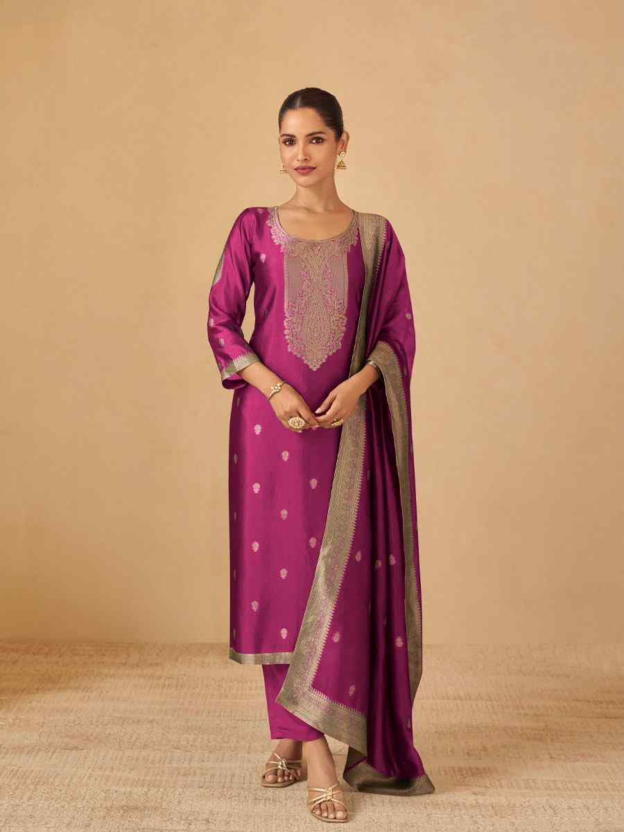 Rani Pink Puremium Viscose Silk Jacquard Handwoven Festival Wedding Pant Salwar Kameez