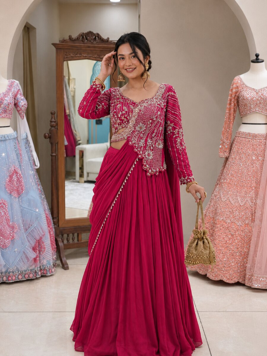 Rani Pink Rangoli Silk Embroidery Zari Sequins Wedding Reception Party Festival Circular Lehenga Choli