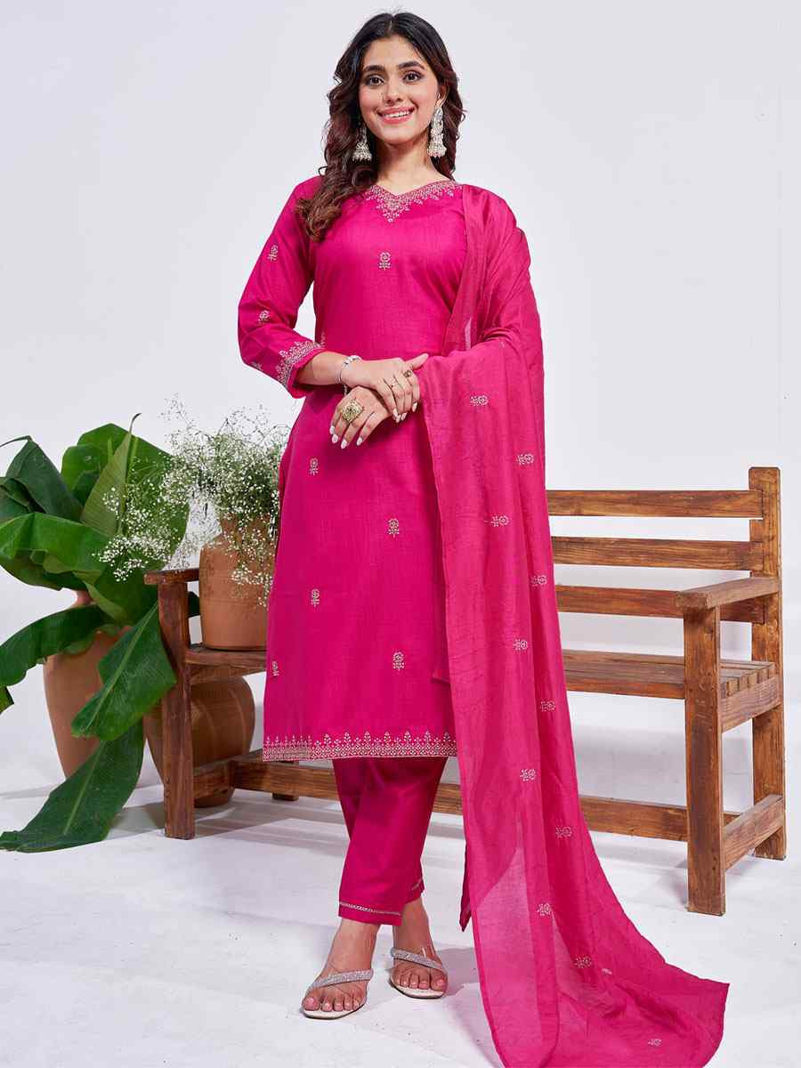 Rani Pink Rayon Embroidered Party Wedding Ready Pant Salwar Kameez