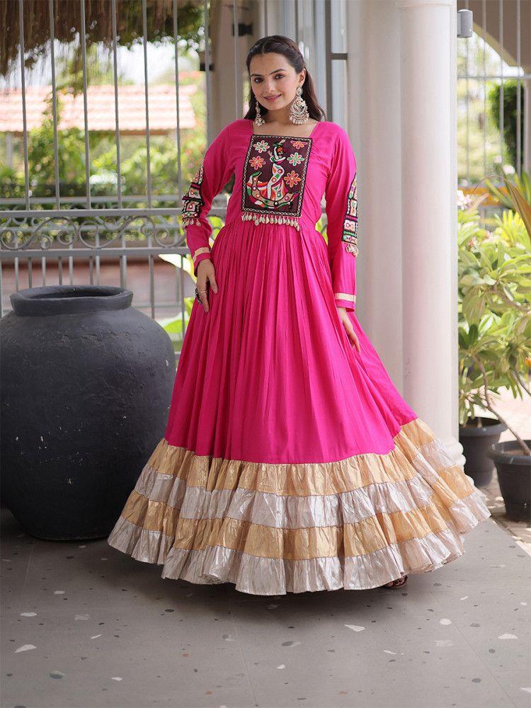 Image of Rani Pink Rayon Kutchi Gamthi Thread Work Festival Casual Party Wear Gown Women Wear