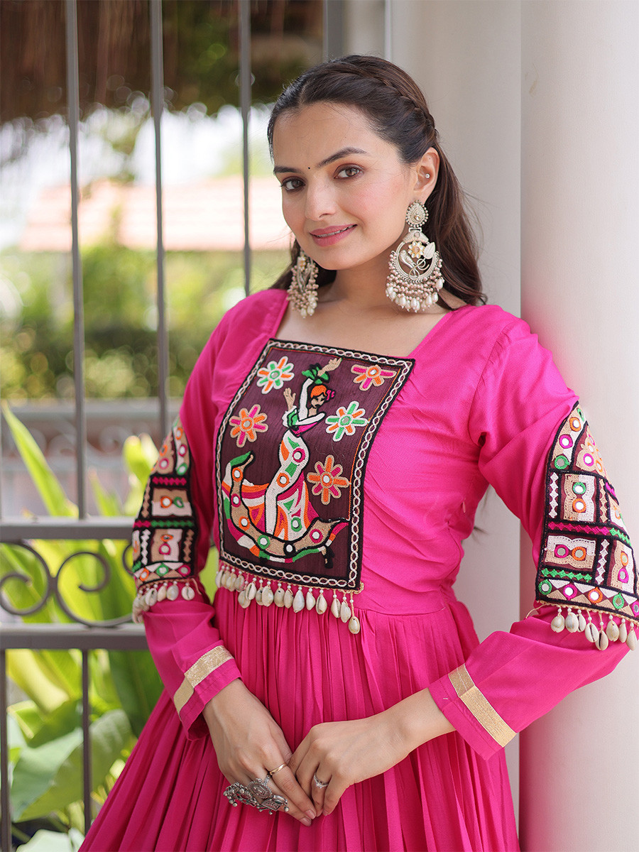 Rani Pink Rayon Kutchi Gamthi Thread Work Festival Casual Party Wear Gown Women Wear