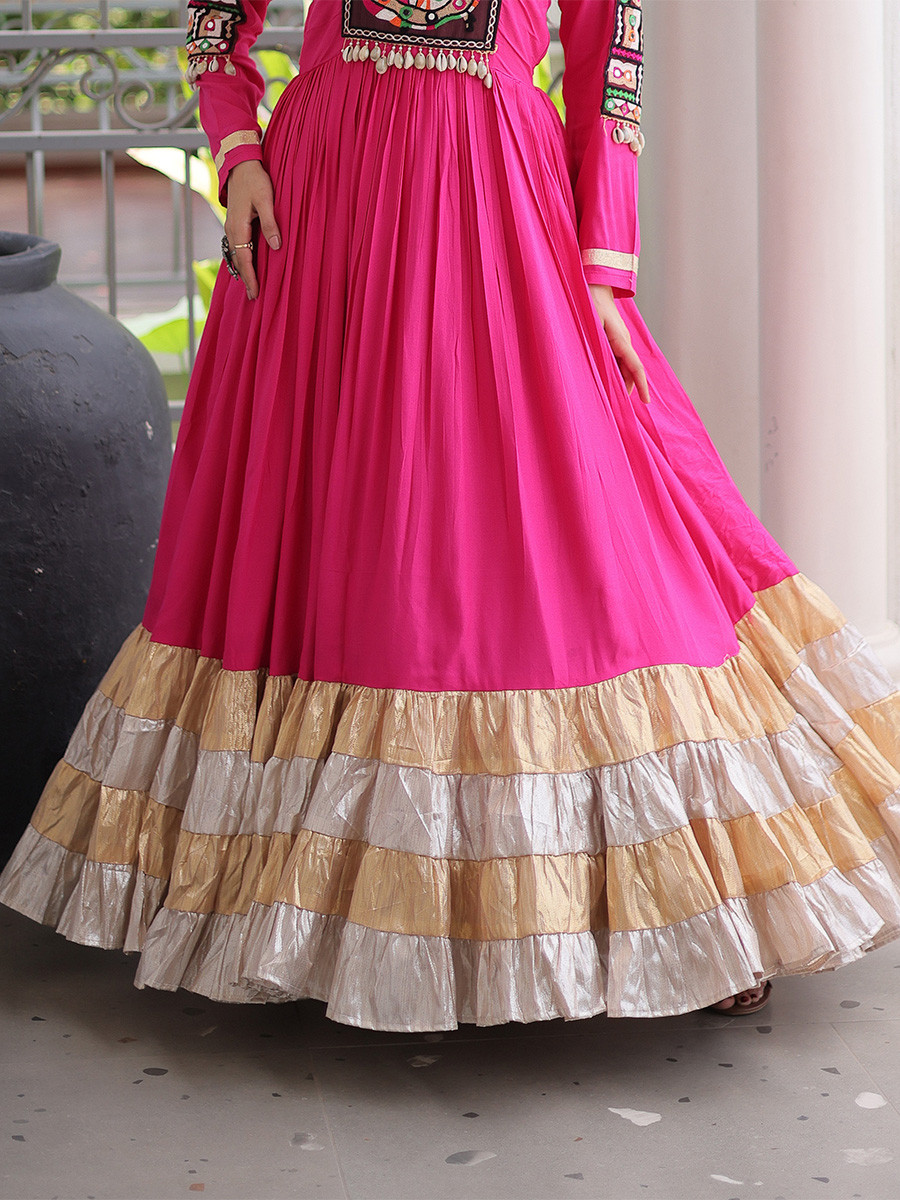 Rani Pink Rayon Kutchi Gamthi Thread Work Festival Casual Party Wear Gown Women Wear