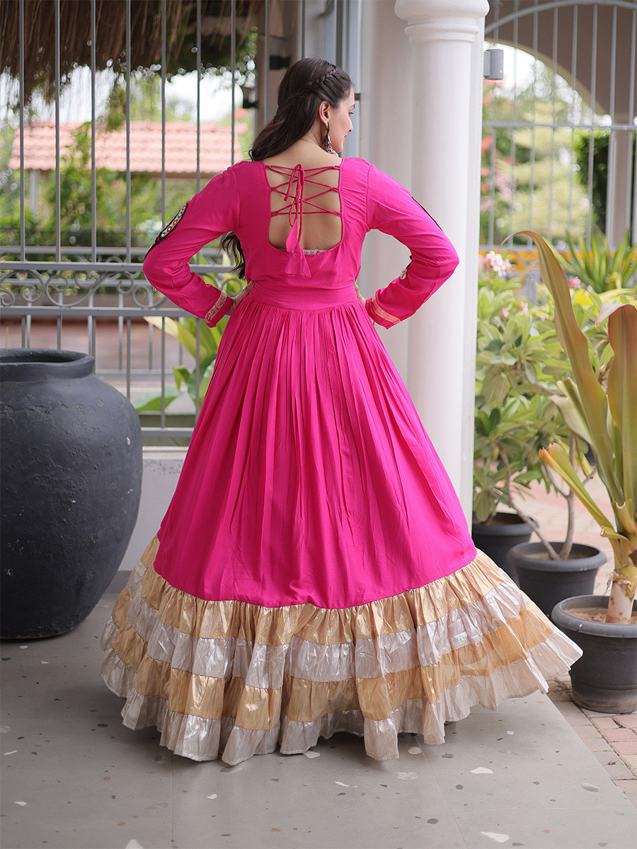 Rani Pink Rayon Kutchi Gamthi Thread Work Festival Casual Party Wear Gown Women Wear
