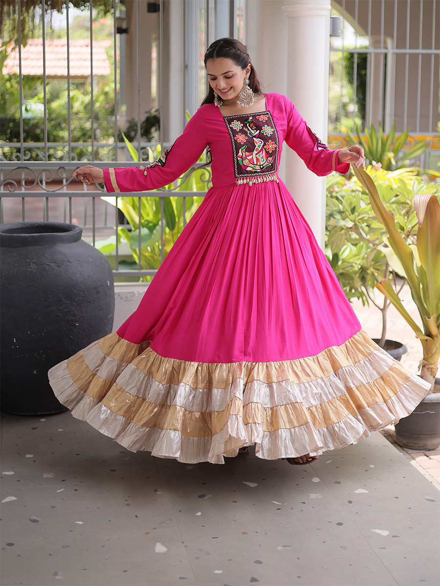 Rani Pink Rayon Kutchi Gamthi Thread Work Festival Casual Party Wear Gown Women Wear