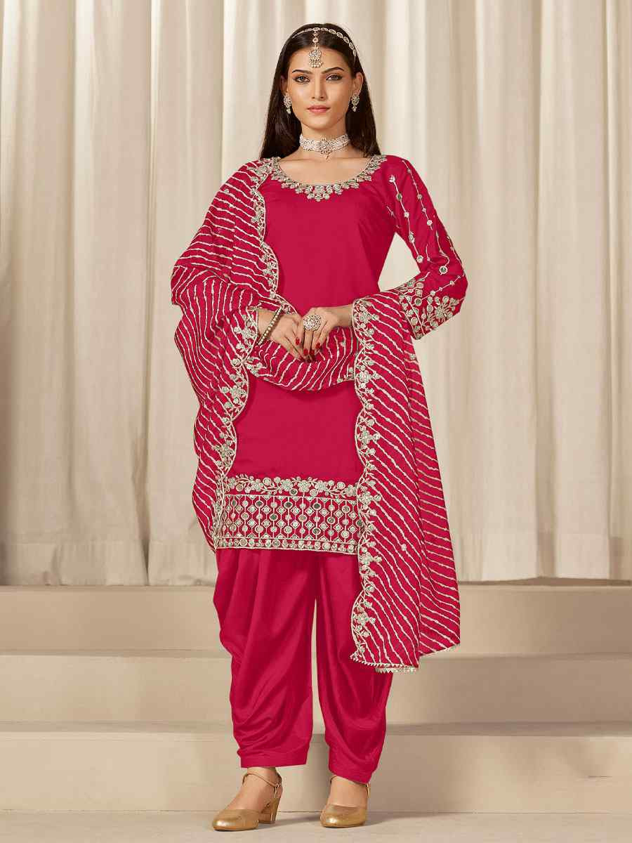 Rani Pink Roman Silk Embroidered Festival Wedding Patiala Salwar Kameez