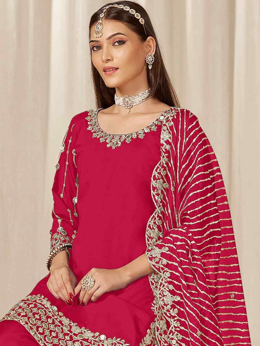 Rani Pink Roman Silk Embroidered Festival Wedding Patiala Salwar Kameez