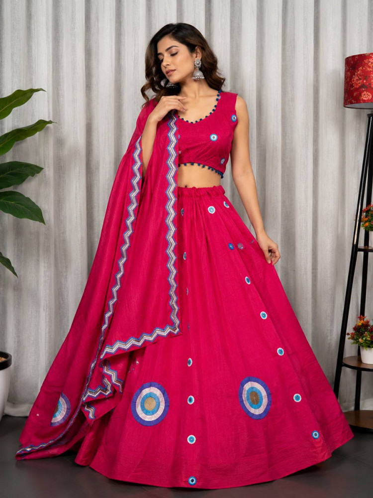 Image of Rani Pink Roman silk Mirror Work Pom-Pom Lace Wedding Reception Festival Ready Heavy Border Lehenga Choli