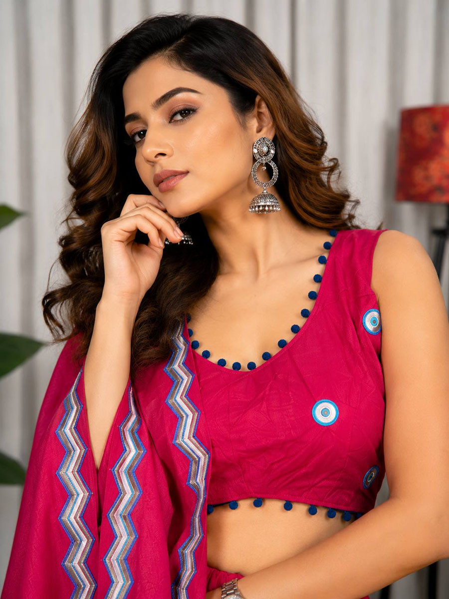 Rani Pink Roman silk Mirror Work Pom-Pom Lace Wedding Reception Festival Ready Heavy Border Lehenga Choli