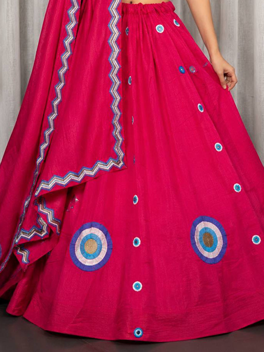 Rani Pink Roman silk Mirror Work Pom-Pom Lace Wedding Reception Festival Ready Heavy Border Lehenga Choli