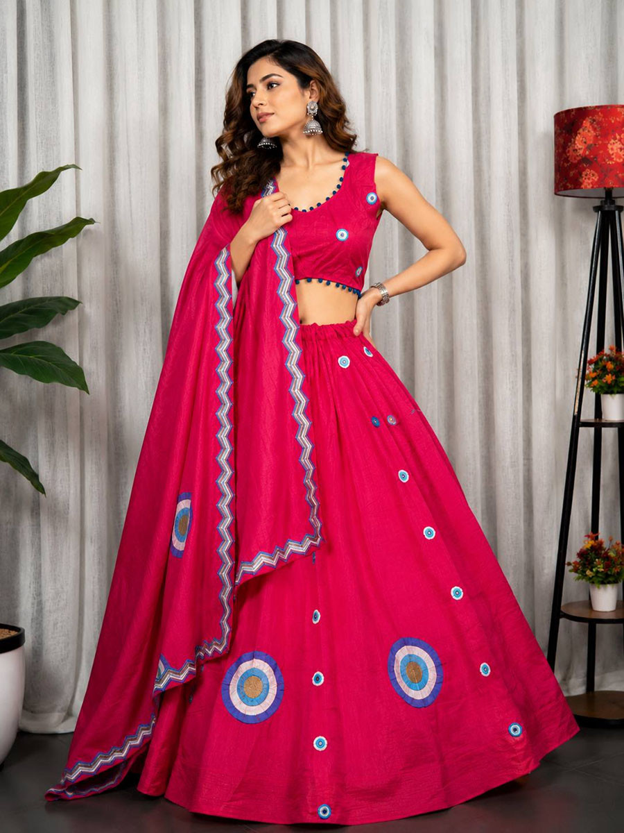 Rani Pink Roman silk Mirror Work Pom-Pom Lace Wedding Reception Festival Ready Heavy Border Lehenga Choli