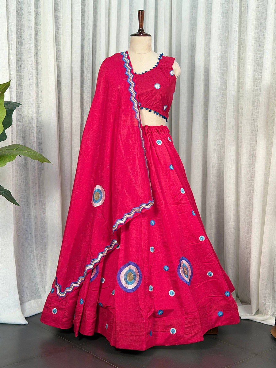 Rani Pink Roman silk Mirror Work Pom-Pom Lace Wedding Reception Festival Ready Heavy Border Lehenga Choli