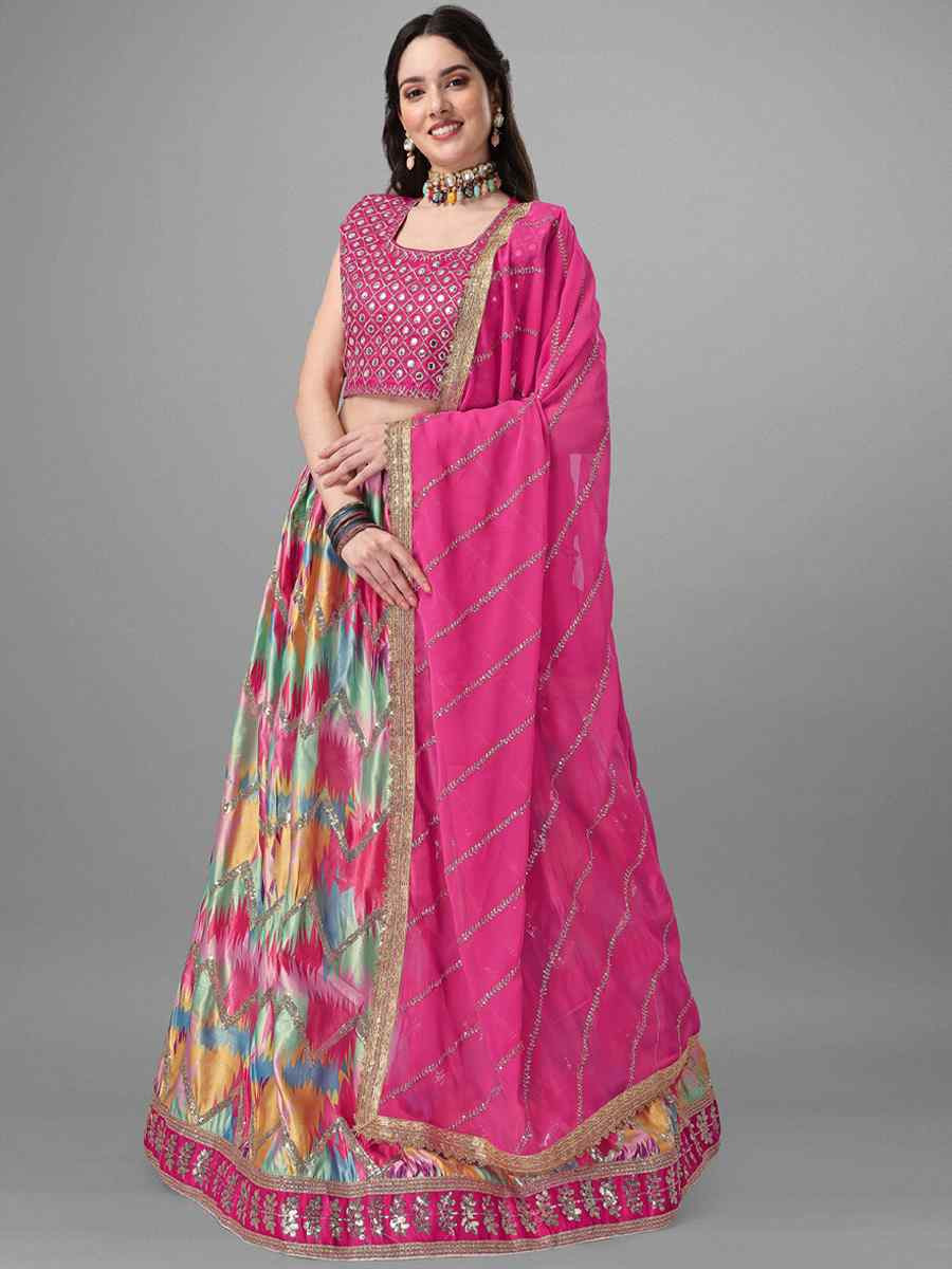 Rani Pink Satin Silk Embroidered Reception Wedding Lehenga Choli