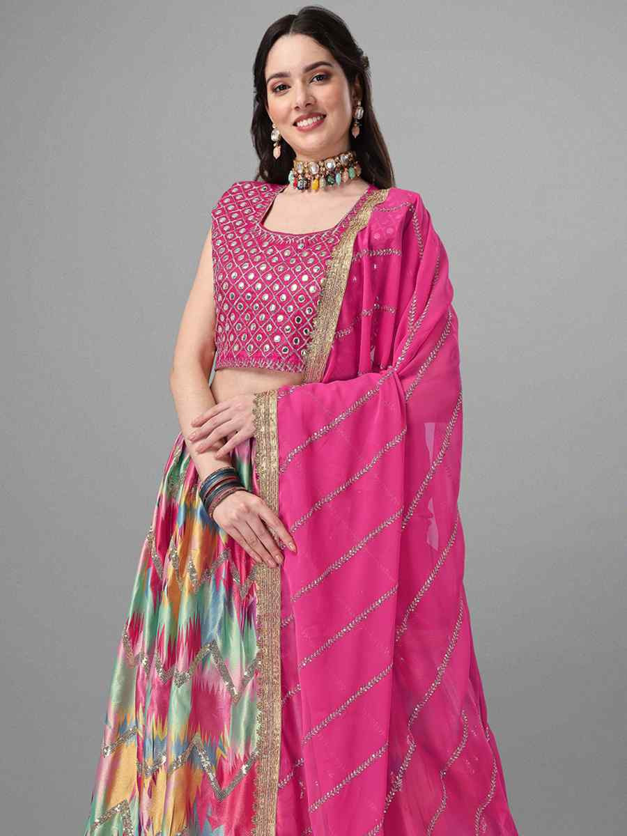 Rani Pink Satin Silk Embroidered Reception Wedding Lehenga Choli
