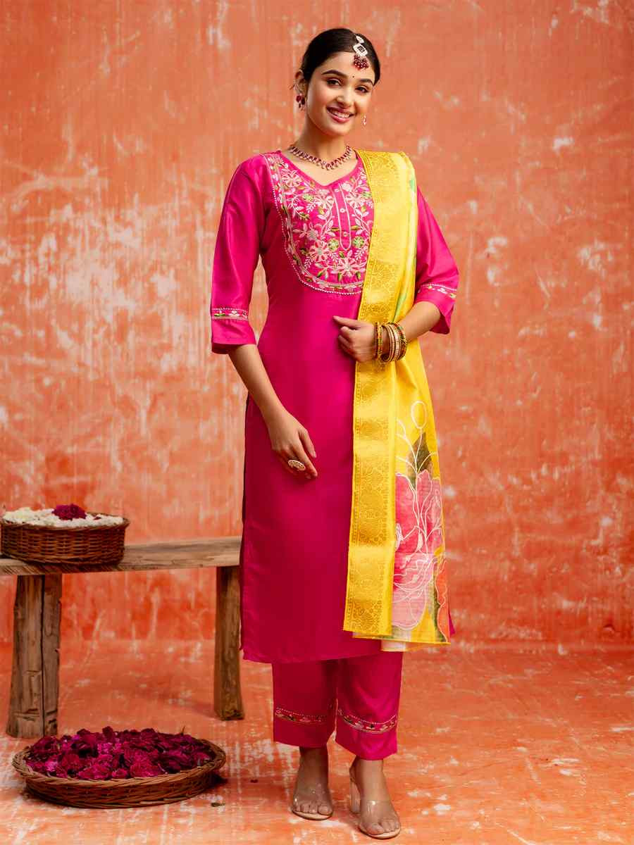 Rani Pink Silk Blend Embroidered Festival Casual Ready Pant Salwar Kameez