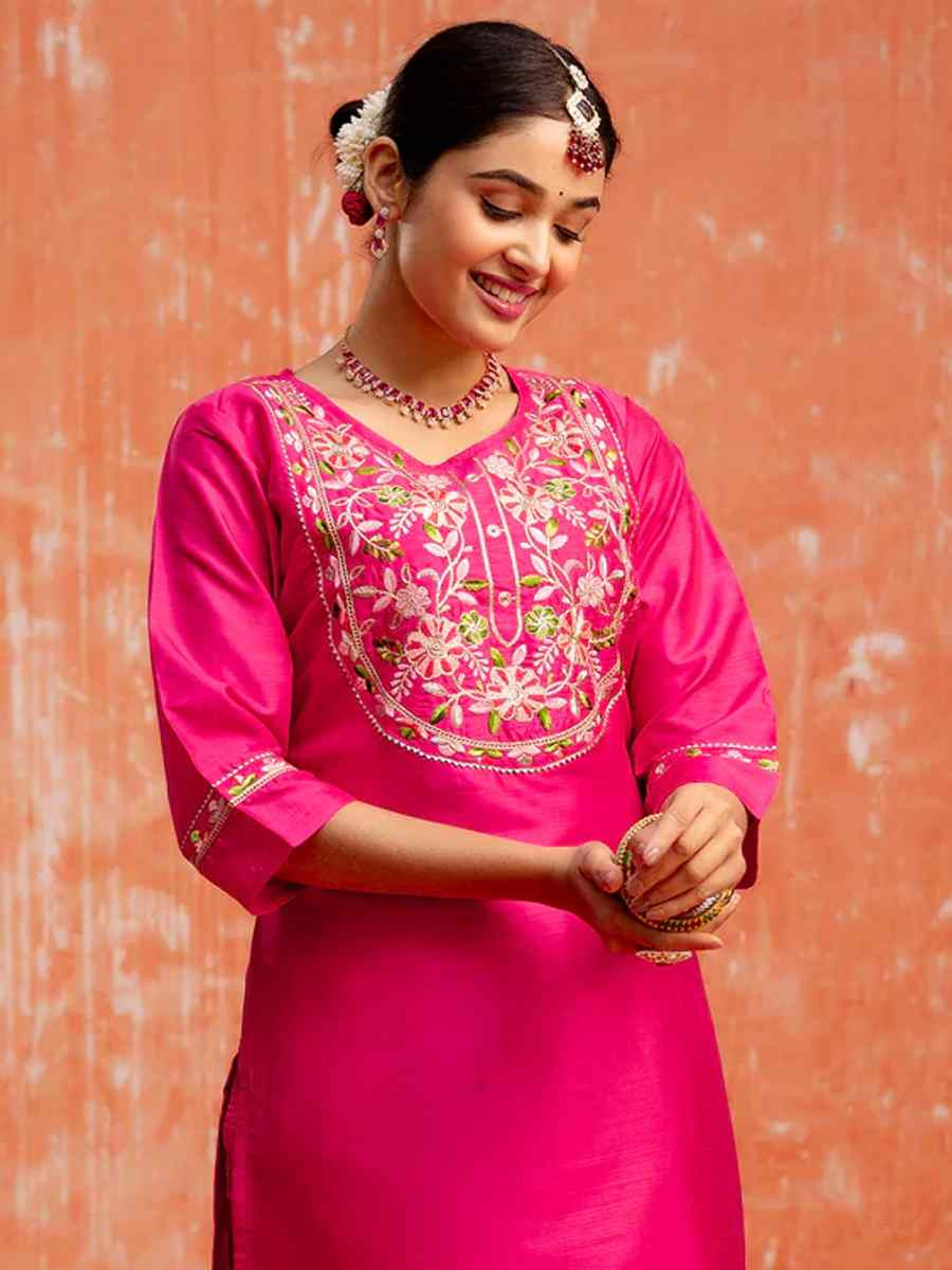 Rani Pink Silk Blend Embroidered Festival Casual Ready Pant Salwar Kameez