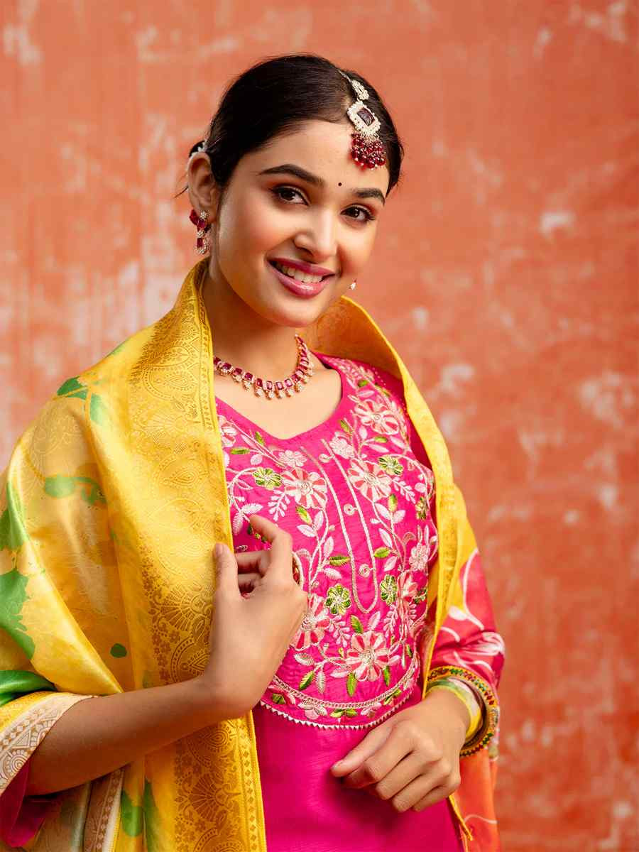 Rani Pink Silk Blend Embroidered Festival Casual Ready Pant Salwar Kameez