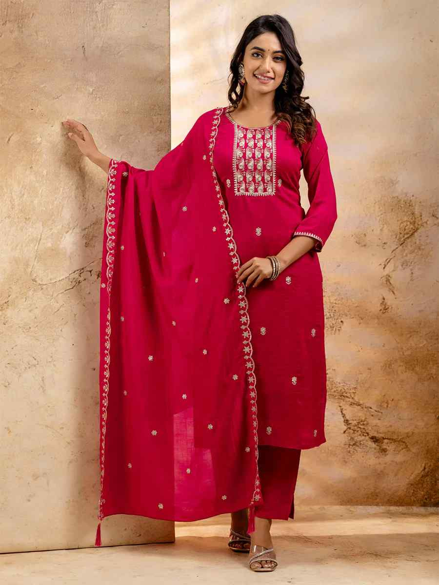 Rani Pink Silk Blend Embroidered Festival Casual Ready Pant Salwar Kameez