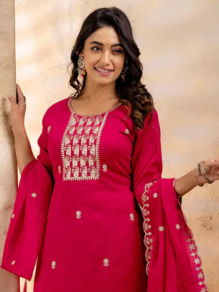 Rani Pink Silk Blend Embroidered Festival Casual Ready Pant Salwar Kameez