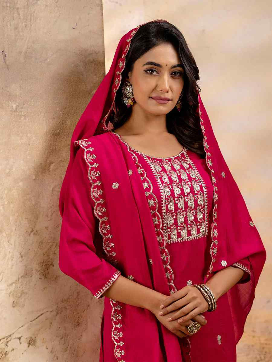 Rani Pink Silk Blend Embroidered Festival Casual Ready Pant Salwar Kameez