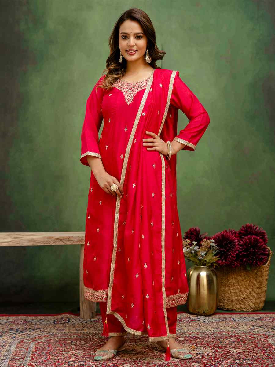 Rani Pink Silk Blend Embroidery Party Wedding Festival Casual Ready Pant Salwar Kameez