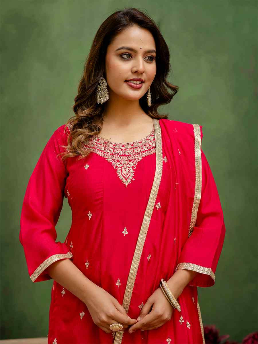 Rani Pink Silk Blend Embroidery Party Wedding Festival Casual Ready Pant Salwar Kameez