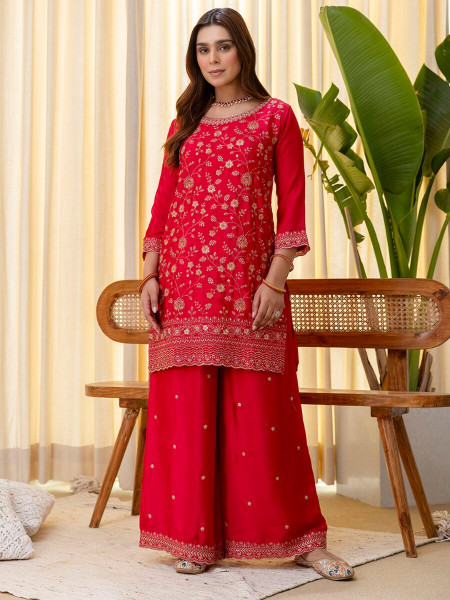 Rani Pink Silk Blend Embroidery Wedding Festival Party Ready Palazzo Pant Salwar Kameez