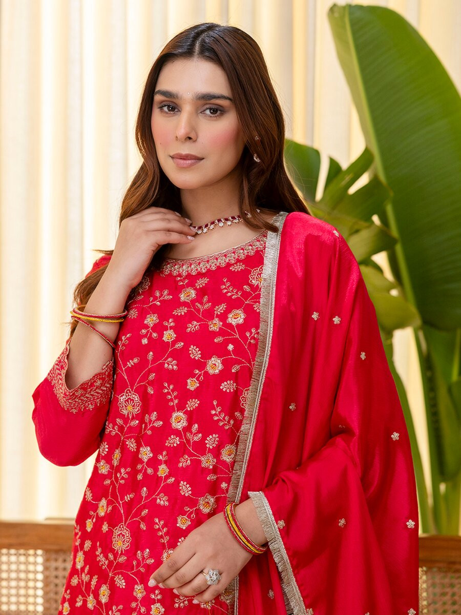 Rani Pink Silk Blend Embroidery Wedding Festival Party Ready Palazzo Pant Salwar Kameez