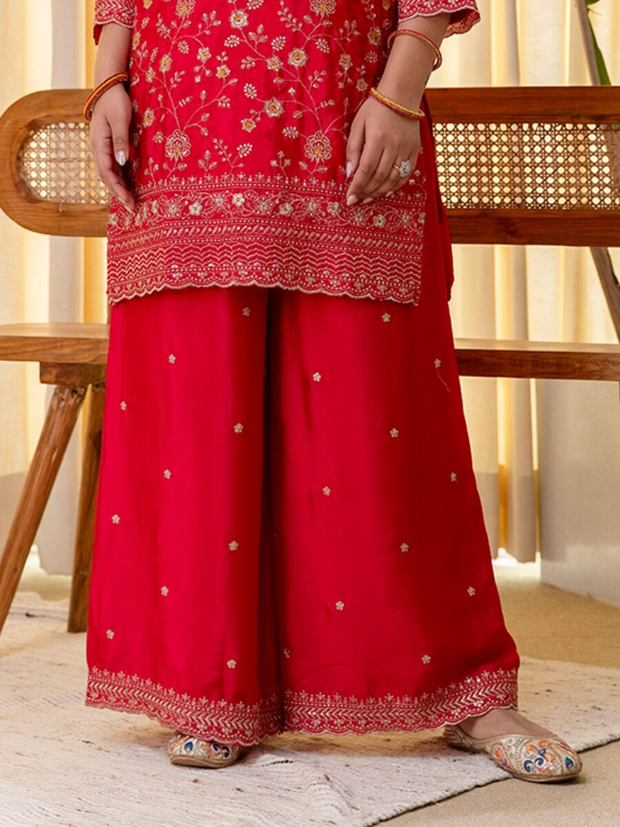 Rani Pink Silk Blend Embroidery Wedding Festival Party Ready Palazzo Pant Salwar Kameez