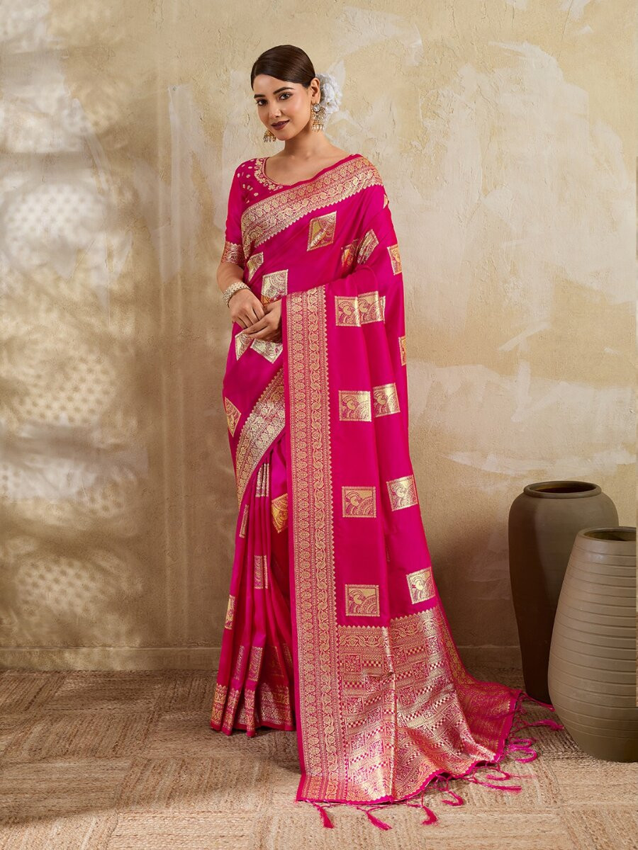 Rani Pink Silk Blend Zari Wedding Reception Party Festival Casual Heavy Border Sarees