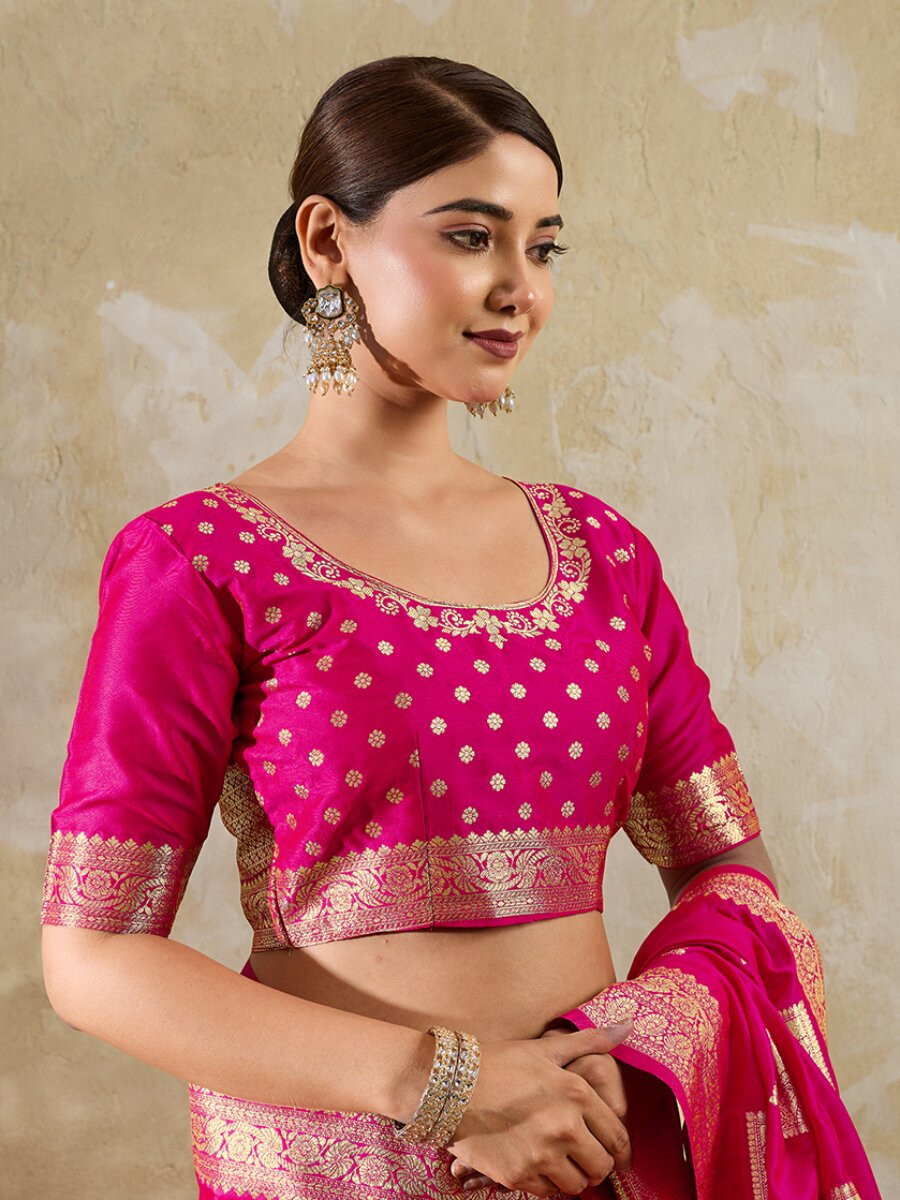 Rani Pink Silk Blend Zari Wedding Reception Party Festival Casual Heavy Border Sarees