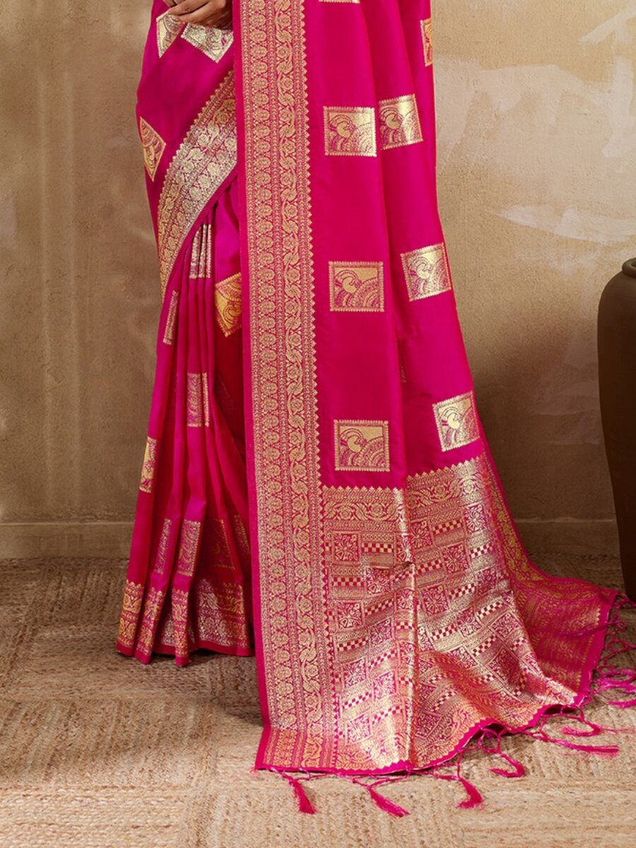 Rani Pink Silk Blend Zari Wedding Reception Party Festival Casual Heavy Border Sarees