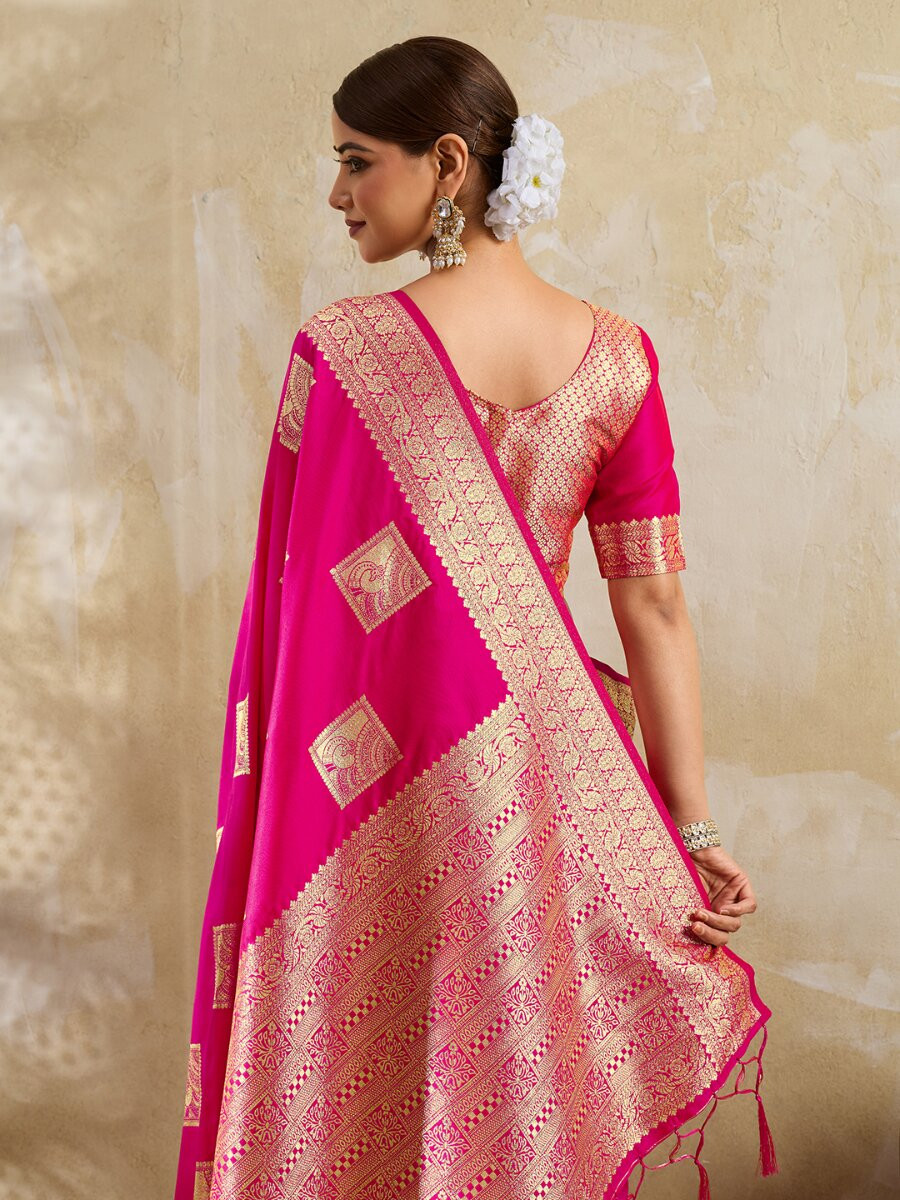 Rani Pink Silk Blend Zari Wedding Reception Party Festival Casual Heavy Border Sarees