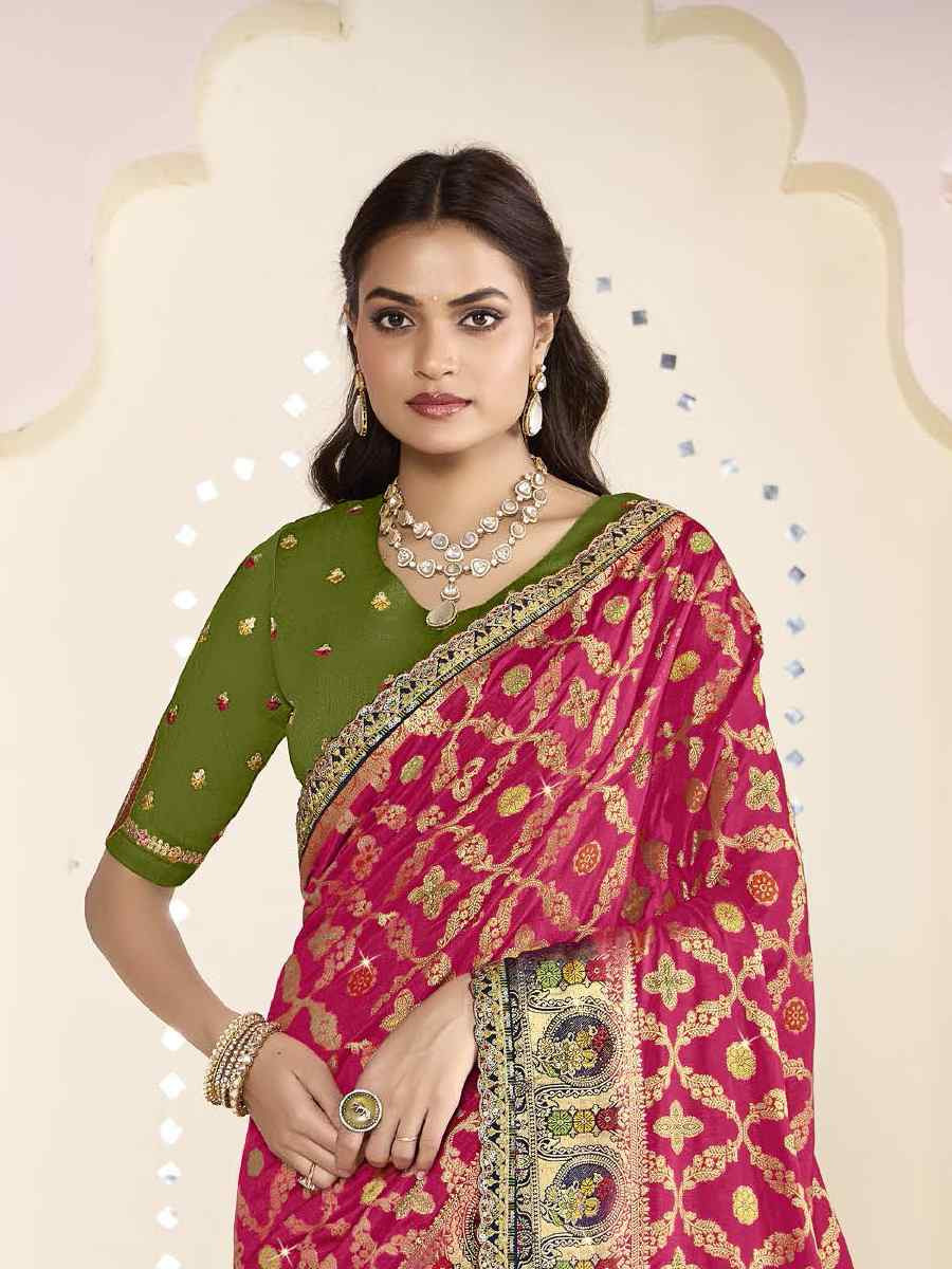 Rani Pink Silk Embroidered Festival Wedding Fancy Heavy Border Saree