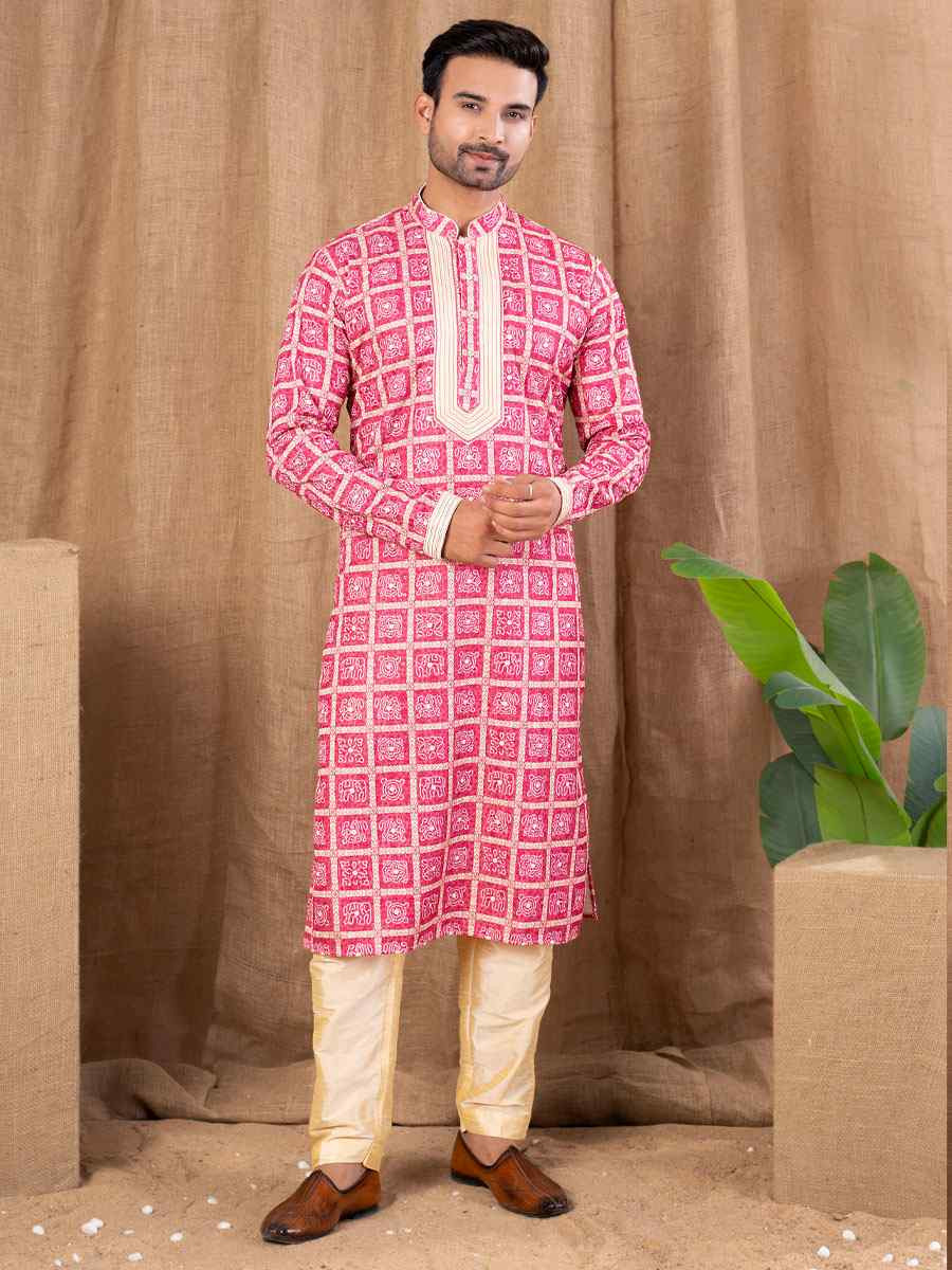 Rani Pink Silk Embroidery Festival Wedding Party Mens Kurta