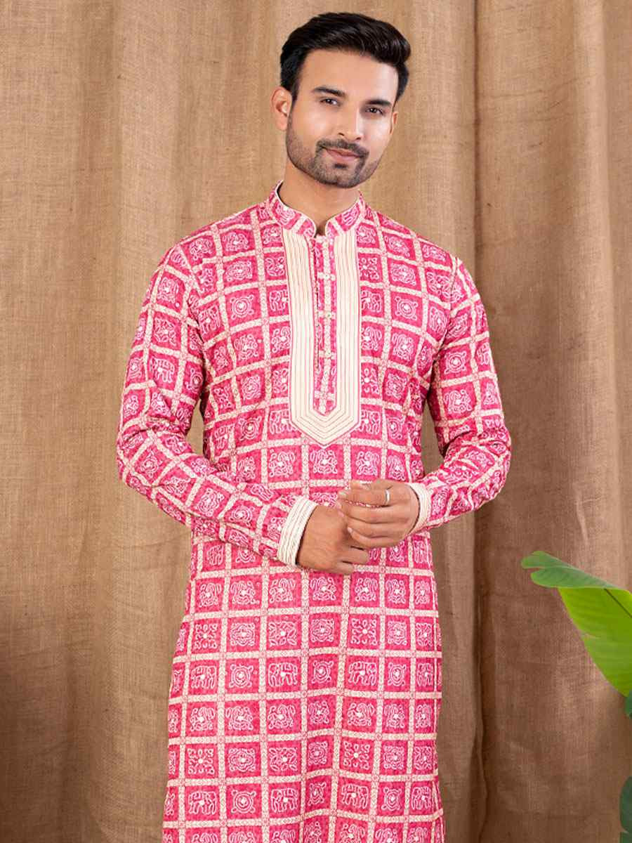 Rani Pink Silk Embroidery Festival Wedding Party Mens Kurta