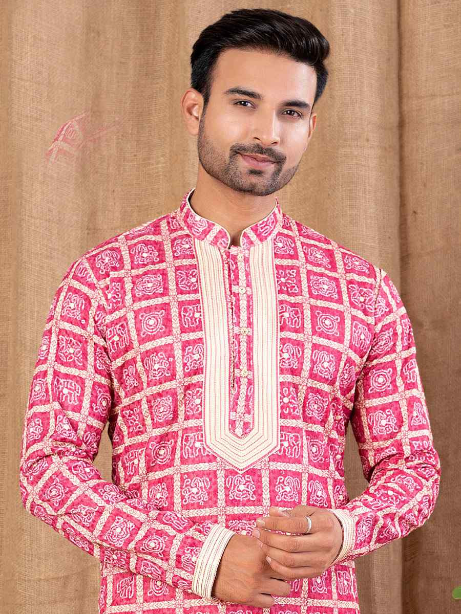 Rani Pink Silk Embroidery Festival Wedding Party Mens Kurta
