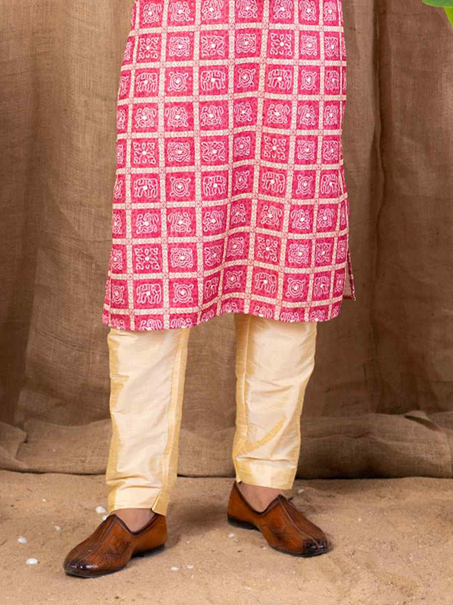 Rani Pink Silk Embroidery Festival Wedding Party Mens Kurta
