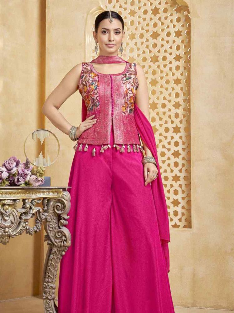 Image of Rani Pink Silk Embroidery Party Wedding Festival Casual Ready Palazzo Pant Salwar Kameez
