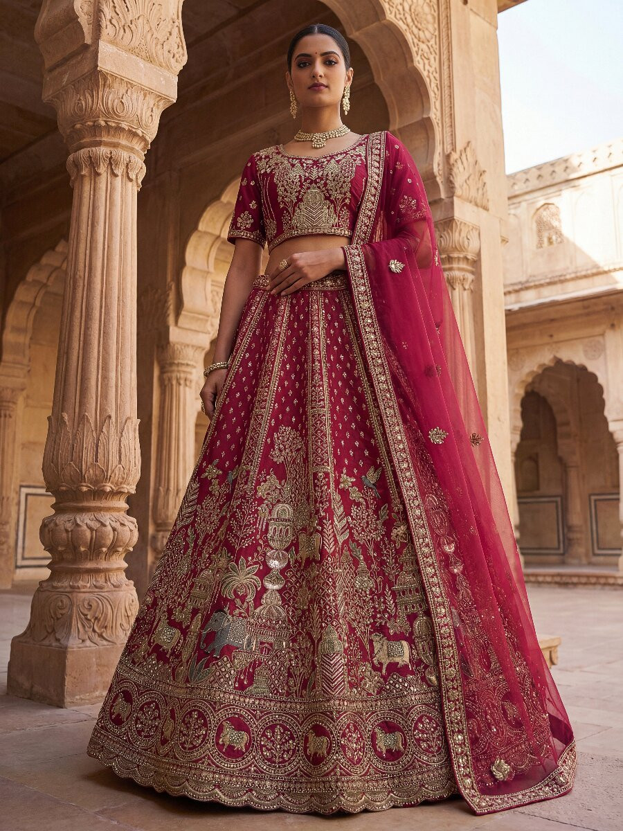 Rani Pink Silk Embroidery Sequins Zari Wedding Bridal Party Festival Heavy Border Lehenga Choli